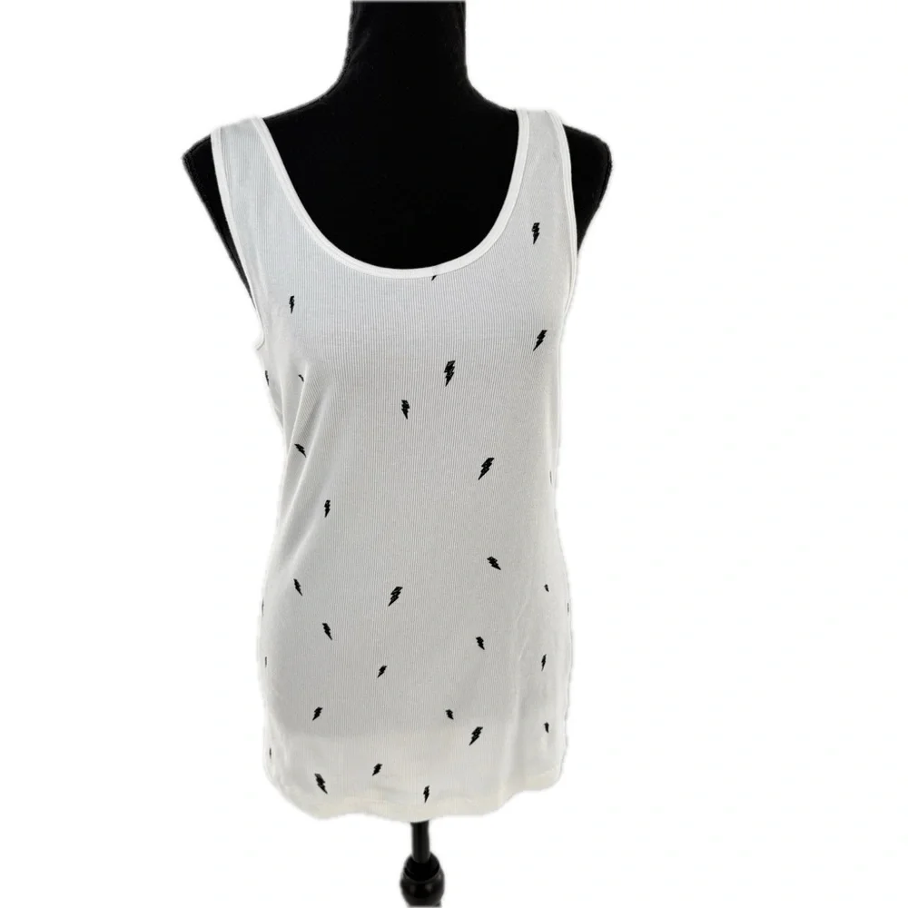 GAP White Rib-Knit Boyfriend Tank Top with Black Lightning Bolt Pattern Size XL